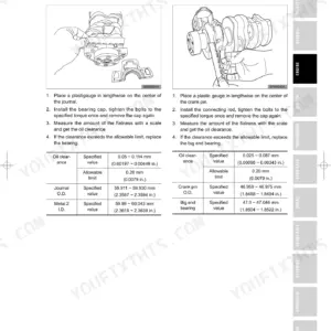 Kioti DS4110(HS), DS4510(HS) engine oil clearance inspection procedures and specification tables for crankshaft and crank pin.