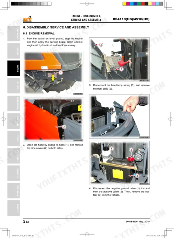 Kioti DS4110(HS), DS4510(HS) engine removal procedure showing hood, grille, and battery disconnection steps.