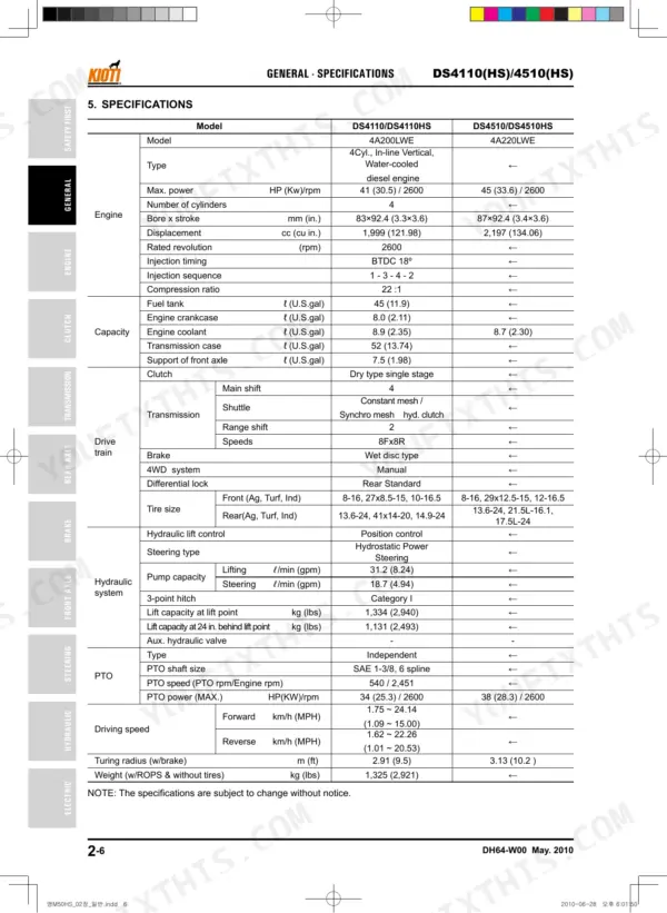 Kioti DS4110(HS), DS4510(HS) general specifications table covering engine, transmission, hydraulic, and PTO data.