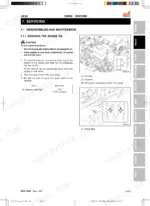 kioti-lk30-tractor-workshop-manual-ss41-w00-procedures-93.webp Kioti LK30 engine oil draining procedure, oil capacity table, and diagrams showing oil inlet, dipstick, and drain plug locations.