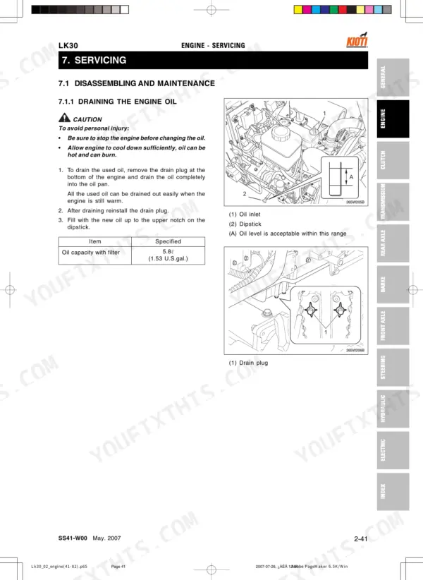 Kioti LK30 engine oil draining procedure, oil capacity table, and diagrams showing oil inlet, dipstick, and drain plug locations.