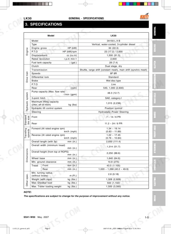 Kioti LK30 tractor general specifications table including engine, drive train, hydraulic, dimensions, and weight data.