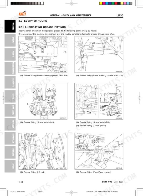 Kioti LK30 50-hour maintenance guide showing grease fitting locations for steering, brake, clutch, lift rod, and brackets.