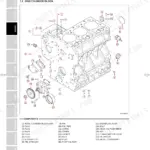 Kioti MECHRON 2200 engine cylinder block exploded view diagram with numbered parts list including oil pump and gear.