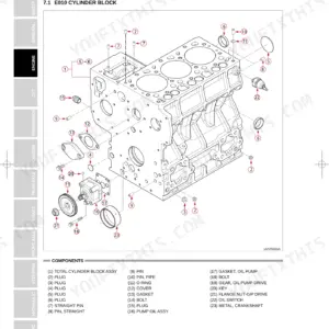 Kioti MECHRON 2200 engine cylinder block exploded view diagram with numbered parts list including oil pump and gear.