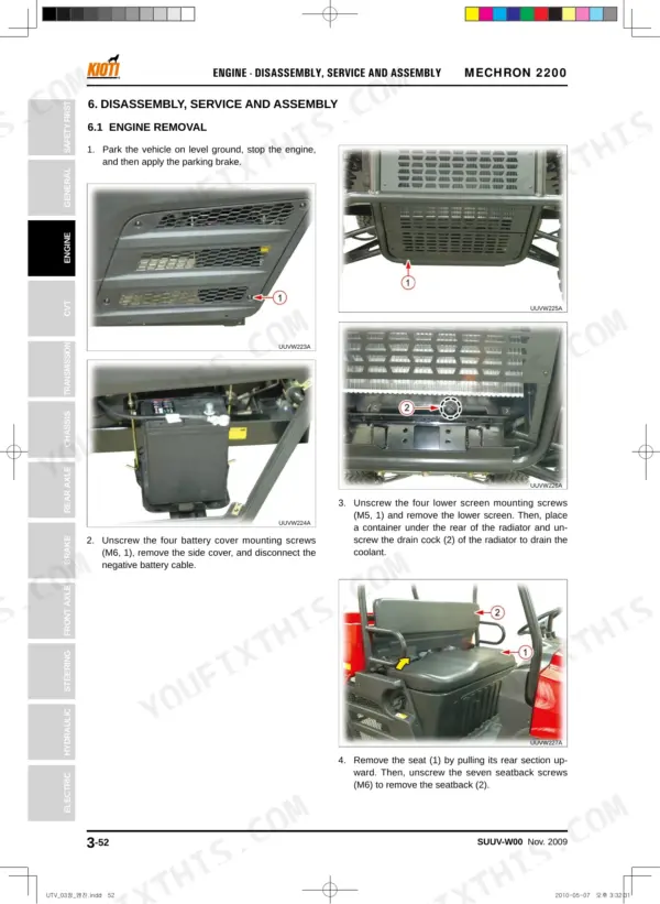 Kioti MECHRON 2200 engine removal procedure: battery, radiator drain, and seat removal steps with component photos.