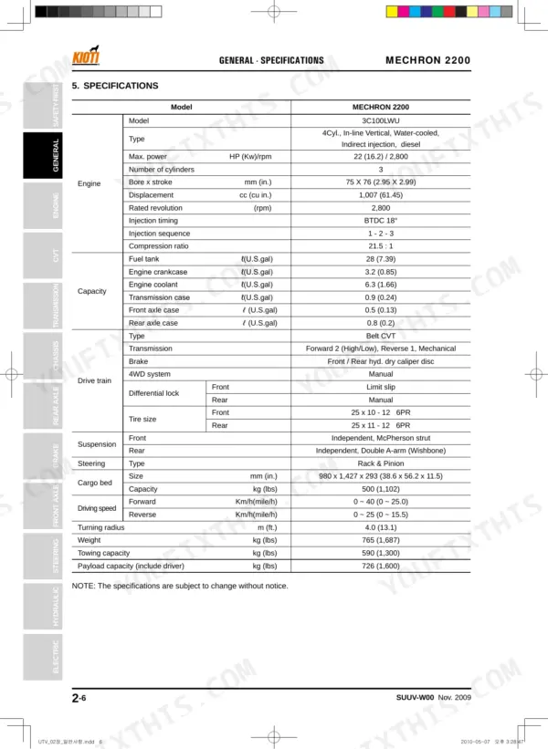 Kioti MECHRON 2200 general specifications table including engine, capacity, drive train, and performance data.