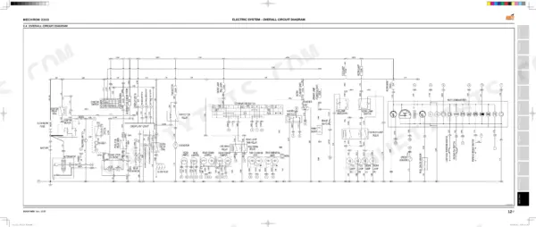 Kioti MECHRON 2200 overall electrical system circuit diagram showing battery, starter, relays, and lighting components.