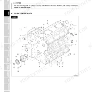 Kioti NX4510(C)(H)(CH), NX5010(C)(H)(CH), NX5510(C)(H)(CH), NX6010H(CH) engine cylinder block exploded view diagram.