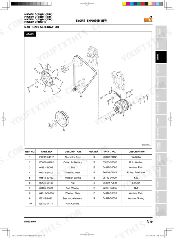 Kioti NX4510(C)(H)(CH), NX5010(C)(H)(CH), NX5510(C)(H)(CH), NX6010H(CH) exploded view of engine alternator and fan assembly