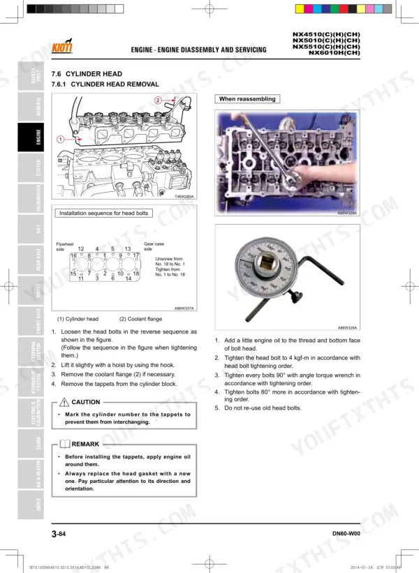 Kioti NX4510(C)(H)(CH), NX5010(C)(H)(CH), NX5510(C)(H)(CH), NX6010H(CH) cylinder head removal and bolt tightening procedure