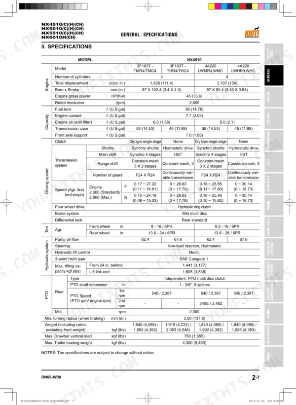 Kioti NX4510(C)(H)(CH), NX5010(C)(H)(CH), NX5510(C)(H)(CH), NX6010H(CH) general specifications table for engine and tractor.