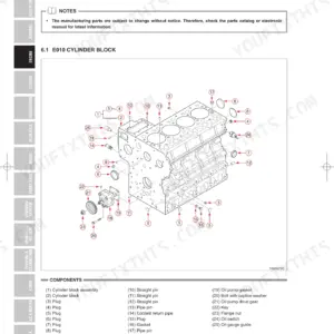 Kioti RX6010C(PC) engine exploded view diagram showing cylinder block assembly and oil pump components with parts list.