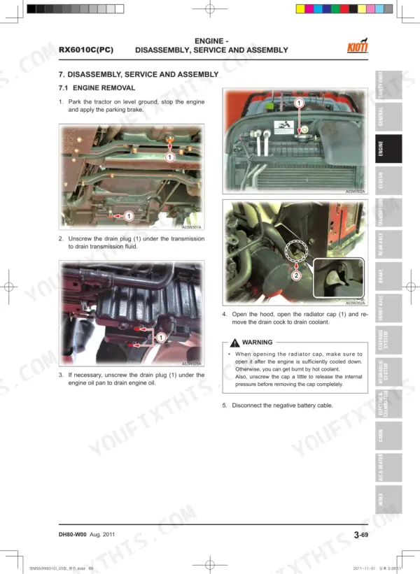 Kioti RX6010C(PC) engine removal procedure showing transmission, oil pan, and radiator drain plug locations.