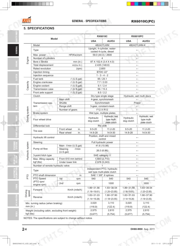 Kioti RX6010C(PC) general specifications table including engine, capacity, transmission, hydraulic, and PTO data.