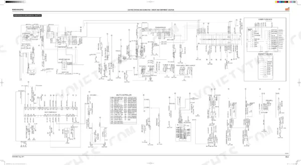 Kioti RX6010C(PC) electrical wiring diagram showing main fuse boxes, multi-controller pinouts, and cabin/bonnet fuse layouts.