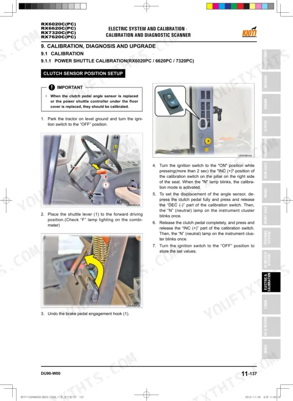 Kioti RX6020C(PC), RX6620C(PC), RX7320C(PC), RX7620C(PC) power shuttle clutch sensor calibration procedure and diagrams.