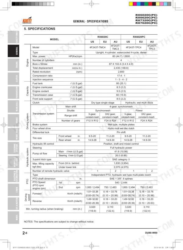 Kioti RX6020C(PC), RX6620C(PC), RX7320C(PC), RX7620C(PC) general specifications table for engine, transmission, and PTO systems.