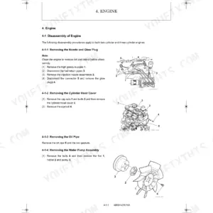 Kobelco SK08 engine disassembly procedures for nozzle, glow plug, cylinder head cover, oil pipe, and water pump assembly.