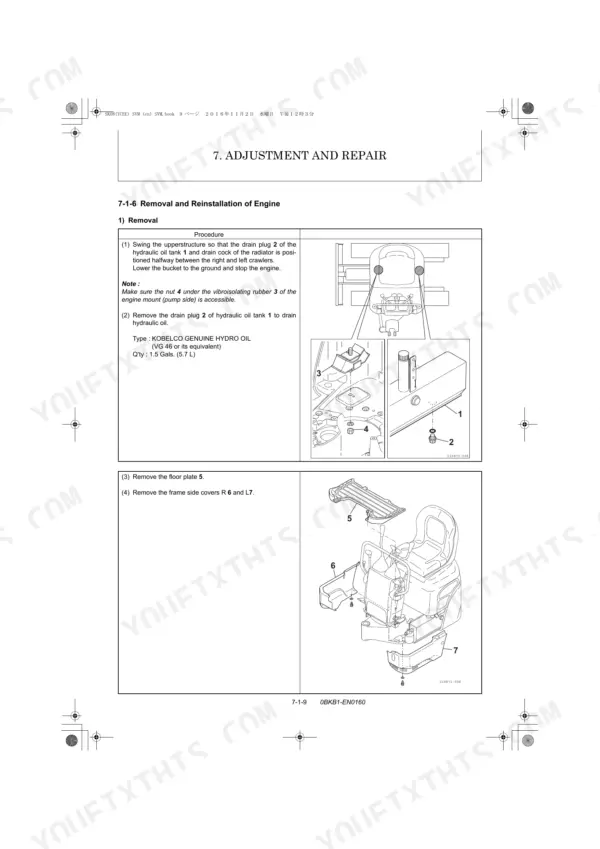 Kobelco SK08 engine removal procedure showing hydraulic tank drain plug, floor plate, and frame side cover removal.