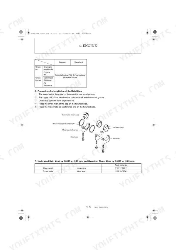 Kobelco SK10SR-3 engine manual showing main metal cap installation procedures, component diagrams, and undersized parts table.