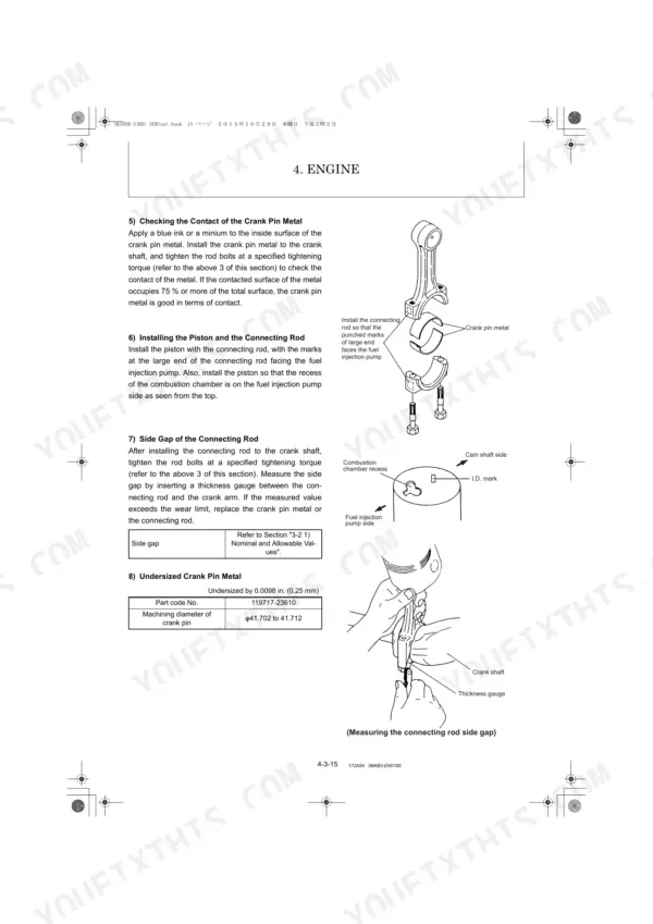 Kobelco SK10SR-3 engine manual: connecting rod, piston installation, and side gap measurement procedures and diagrams.