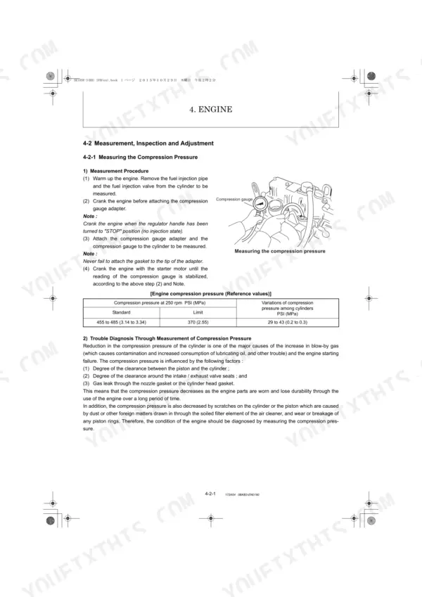 Kobelco SK10SR-3 engine compression pressure measurement procedure, gauge diagram, and reference values table.