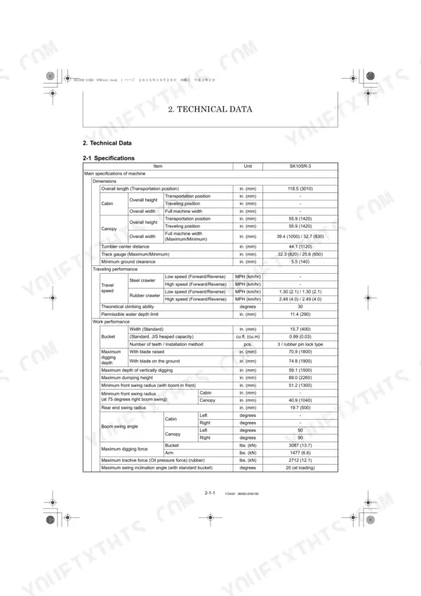 Kobelco SK10SR-3 technical data table listing machine dimensions, travel performance, and work performance specifications.