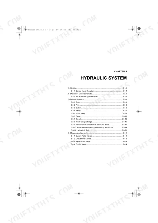 Kobelco SK10SR-3 hydraulic system chapter table of contents listing circuit operation and pressure adjustment.