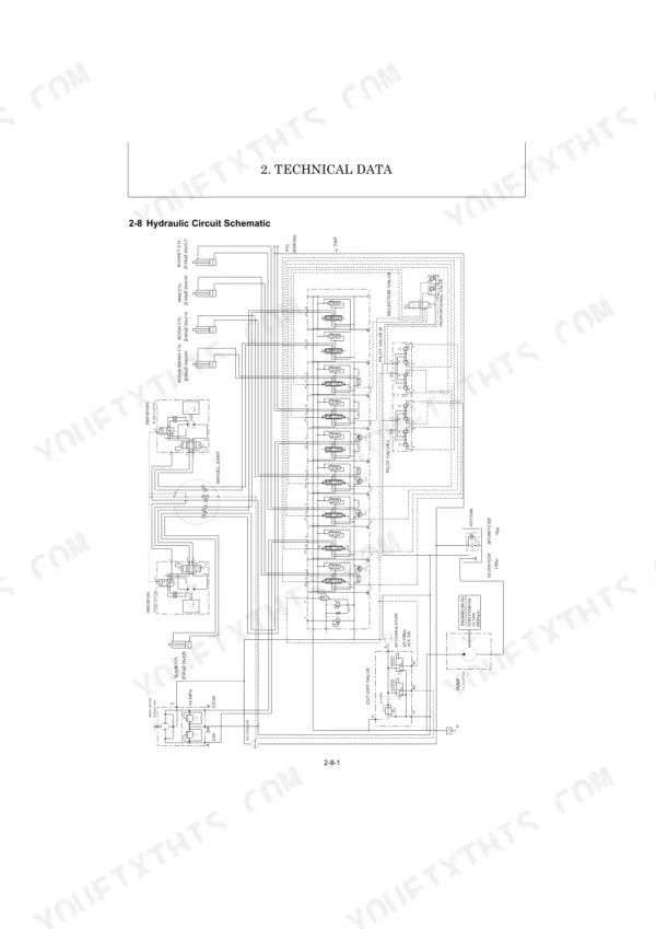 Kobelco SK16 PFA1, SK16 hydraulic circuit schematic showing pump, control valves, cylinders, and motor connections.