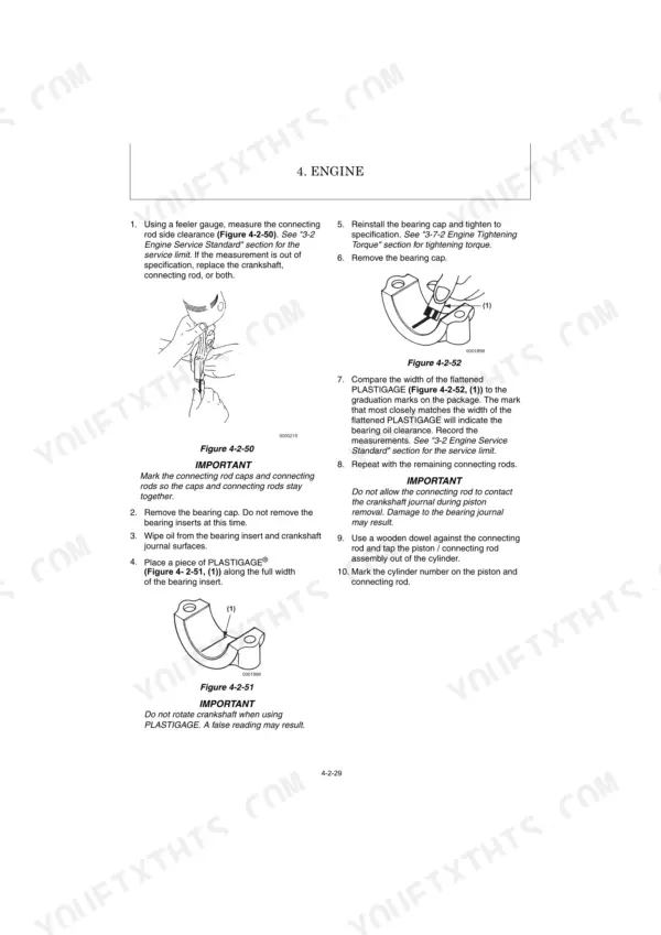 Kobelco SK16 PFA1, SK16 engine procedure for measuring connecting rod bearing oil clearance using Plastigage.