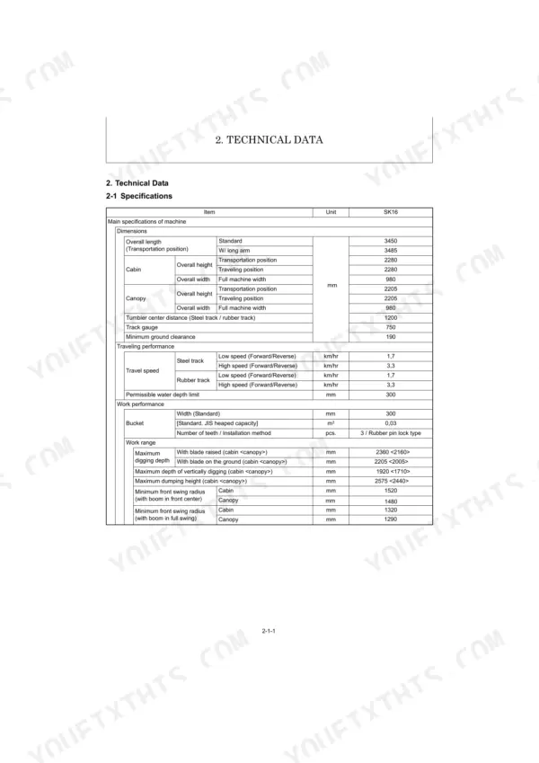 Kobelco SK16 PFA1, SK16 technical data table listing dimensions, traveling performance, and work range specifications.