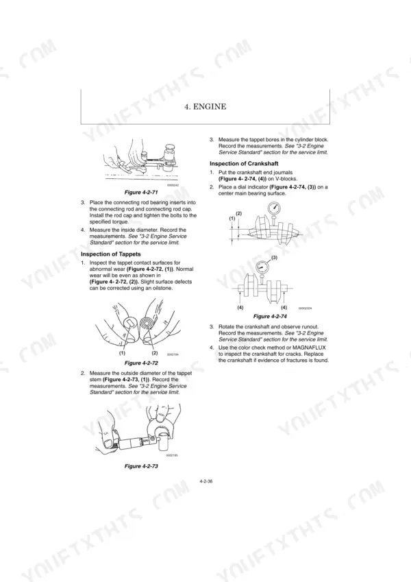 Kobelco SK16 PFA1, SK16 engine manual: inspection procedures for tappets and crankshaft runout with measurement diagrams.