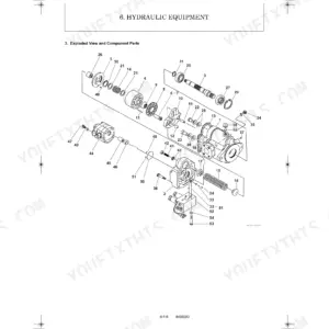 Kobelco SK17SR-5 exploded view diagram of hydraulic pump assembly and internal components with numbered parts list.