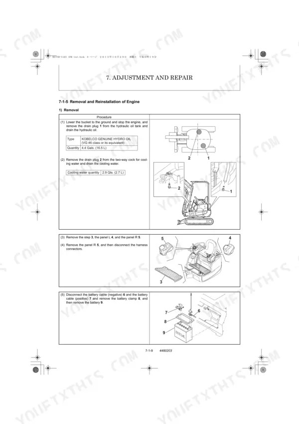 Kobelco SK17SR-5 engine removal procedure, showing hydraulic oil, coolant drainage, panel removal, and battery disconnection.