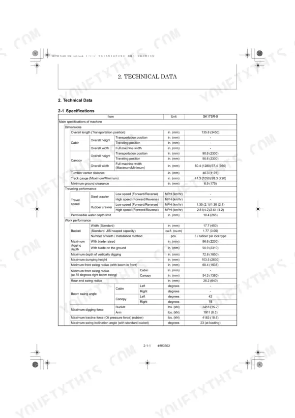 Kobelco SK17SR-5 technical data table showing machine dimensions, travel performance, and work performance specifications.
