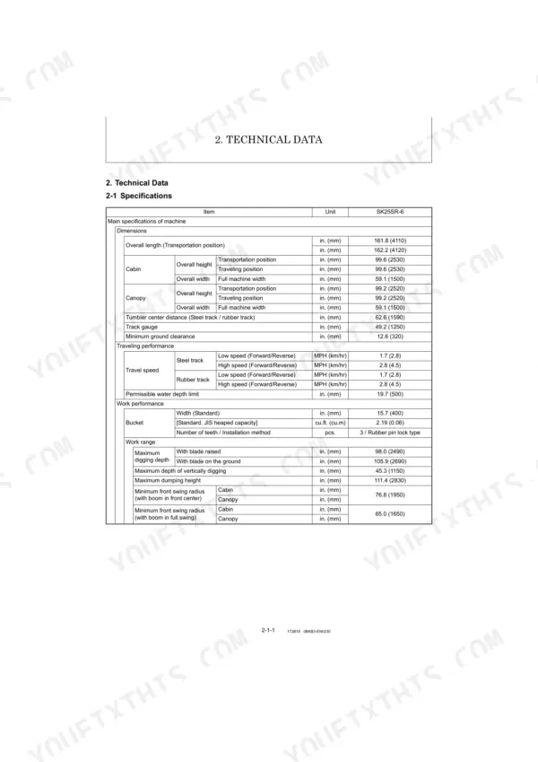 Kobelco SK25SR-6 technical data table listing machine dimensions, traveling performance, and work range specifications.