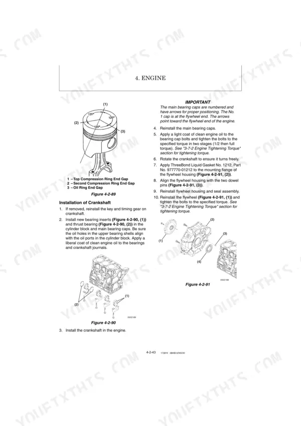Kobelco SK25SR-6 engine manual showing crankshaft installation, piston ring gap diagrams, and flywheel housing assembly.