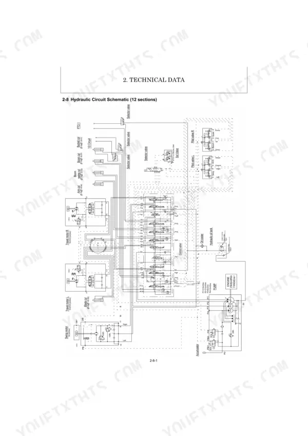 Kobelco SK26 PFD1 hydraulic circuit schematic showing control valve, pump, travel motors, and cylinder connections.