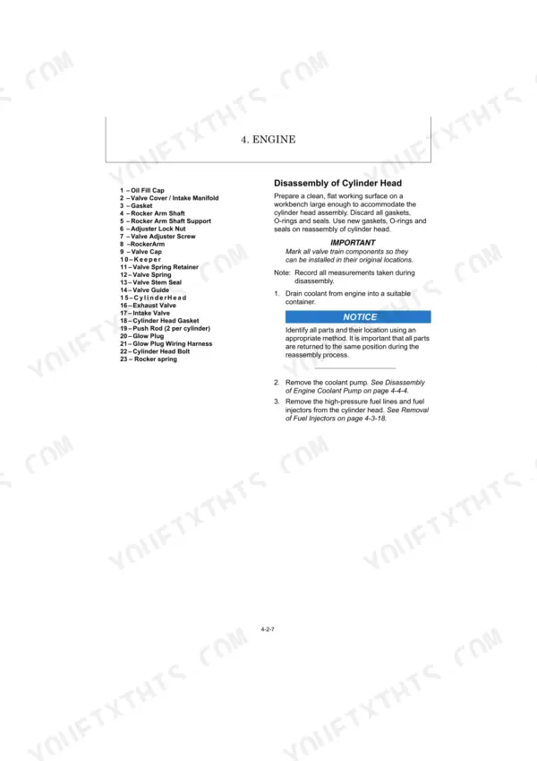 Kobelco SK26 PFD1 engine cylinder head disassembly procedure and component parts list including valves and rocker arms.
