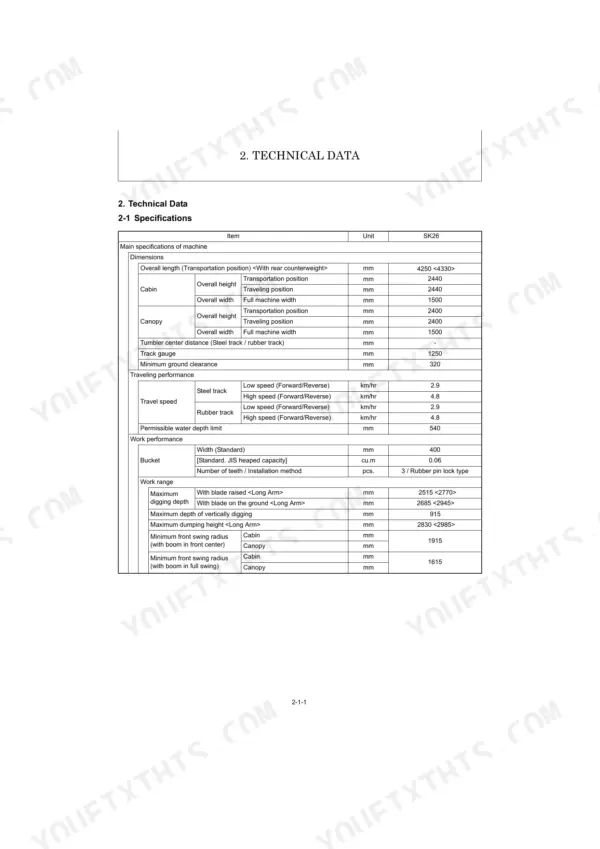 Kobelco SK26 PFD1 technical data table showing machine dimensions, travel speed, bucket specs, and work range performance.