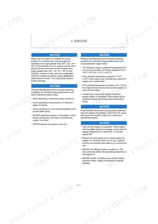 Kobelco SK26 PFD1 engine manual page showing operating notices, environmental conditions, and oil maintenance guidelines.