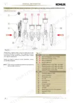 Kohler KDI 1903 M, KDI 2504 M engine diagram showing internal components, pistons, crankshaft, and timing gear identification.
