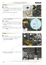 Kohler KDI 1903 M, KDI 2504 M engine oil filling, dipstick level check, and coolant drain cap procedures with torque specs.