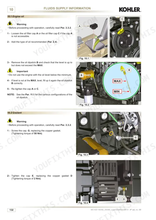 Kohler KDI 1903 M, KDI 2504 M engine oil filling, dipstick level check, and coolant drain cap procedures with torque specs.