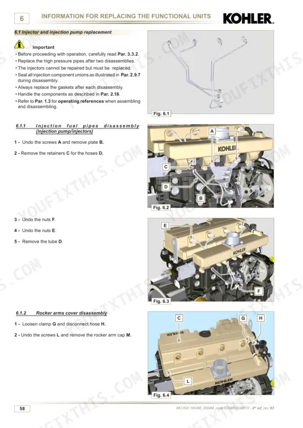 Kohler KDI 1903 M, KDI 2504 M: Procedures for replacing injection fuel pipes and removing the rocker arms cover.