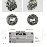Kohler KDI 1903 TCR, KDI 2504 TCR engine identification nameplate location diagram and label data breakdown.