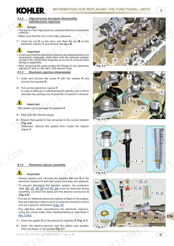 Kohler KDI 1903 TCR, KDI 2504 TCR procedures for fuel pipe and electronic injector disassembly and assembly.