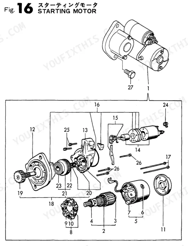 Yanmar 3TNE88L-RBV (VIO40), 3TNE88L-RBV exploded view diagram of the starting motor assembly with numbered components.