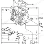 Yanmar 3TNE88L-RBV (VIO40), 3TNE88L-RBV exploded view diagram of the engine cylinder block and main bearing caps.